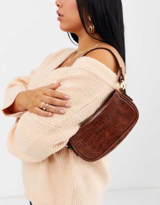 ASOS DESIGN croc effect 90s shoulder bag in tan