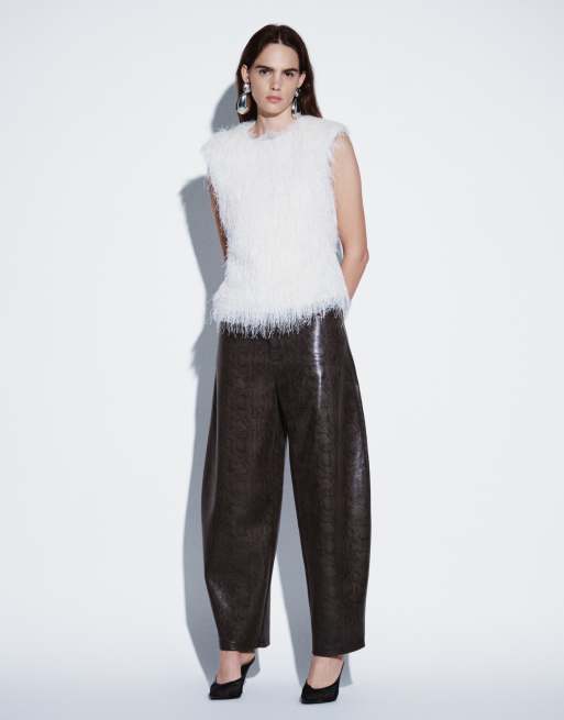 ASOS DESIGN croc effect barrel trousers in brown snake print, 3 of 5