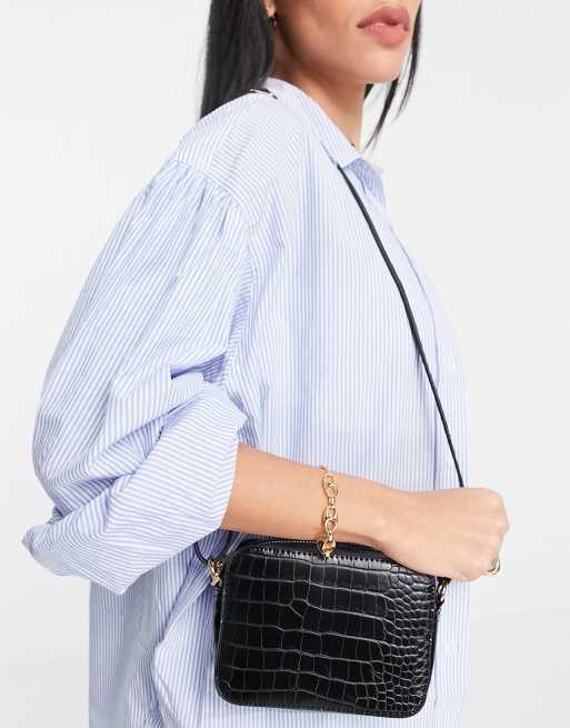 ASOS DESIGN croc effect cross body camera bag in black