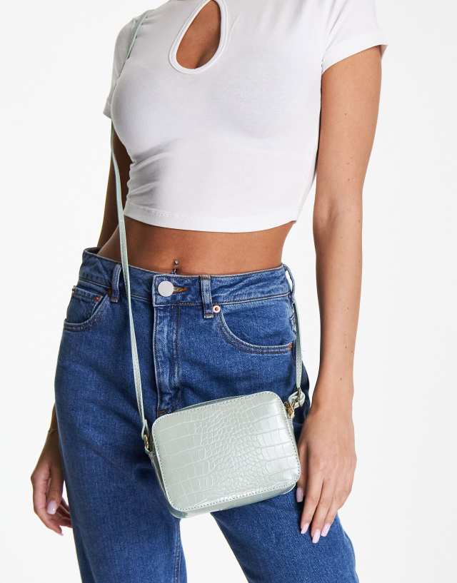 ASOS DESIGN croc effect cross body camera bag in sage