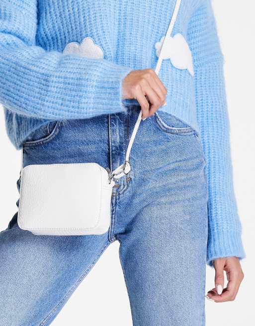 ASOS DESIGN faux leather croc crossbody camera bag in off white