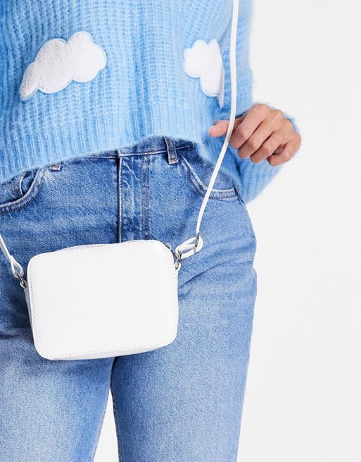 ASOS DESIGN faux leather croc crossbody camera bag in off white
