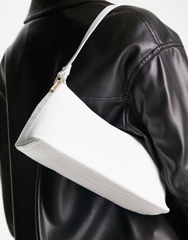 ASOS DESIGN croc effect shoulder bag with hardware tabs in white