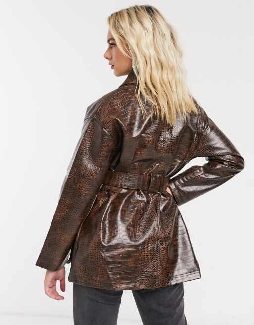 ASOS DESIGN croc four pocket belted jacket in dark brown, 2 of 4