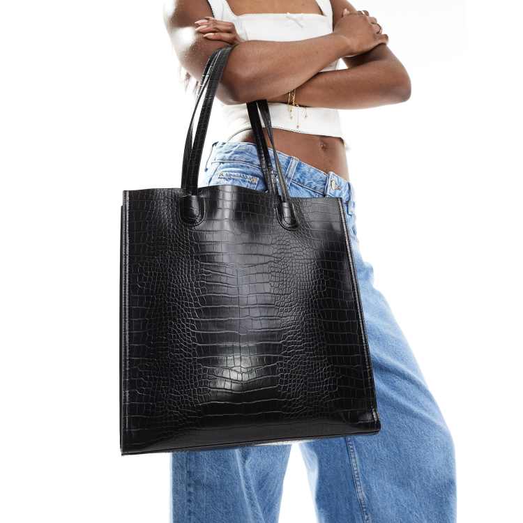 ASOS DESIGN croc laptop compartment tote bag in black ASOS