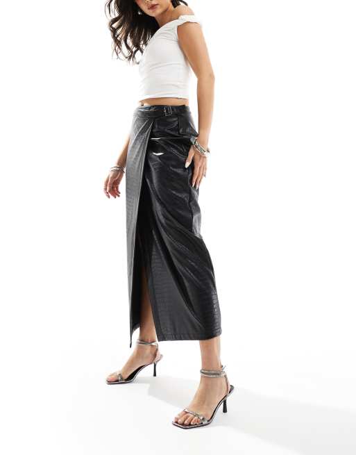 ASOS DESIGN croc leather look buckle detail maxi skirt in black, 3 of 5