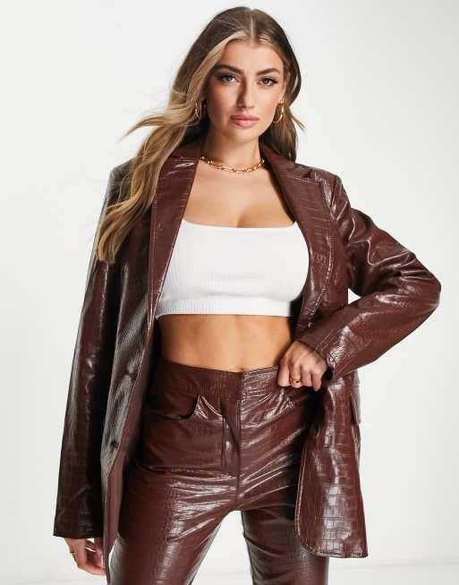 ASOS DESIGN croc leather look suit slim pants in brown