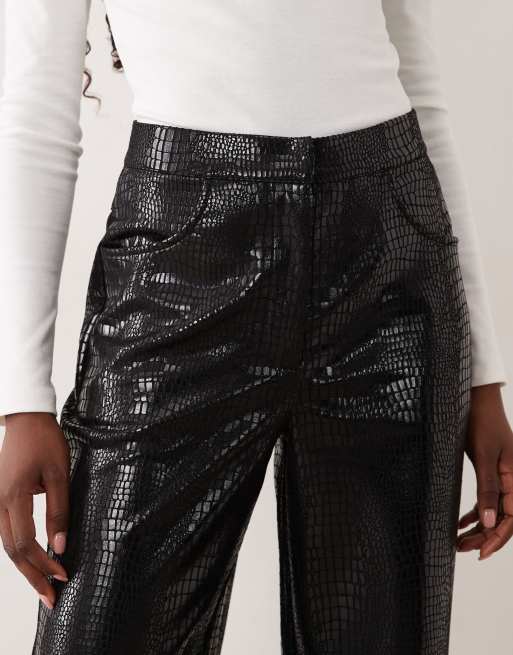 ASOS DESIGN croc leather look wide leg trouser in black, 2 of 5