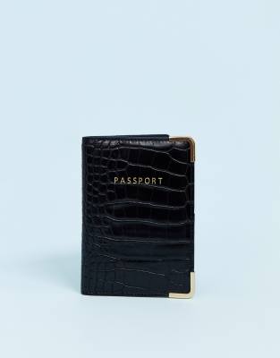 ASOS DESIGN passport holder in black croc with personalized L initial