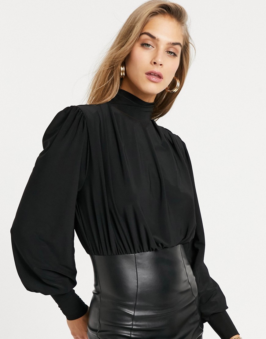 ASOS DESIGN croc pu shoulder pad drape mini dress in black