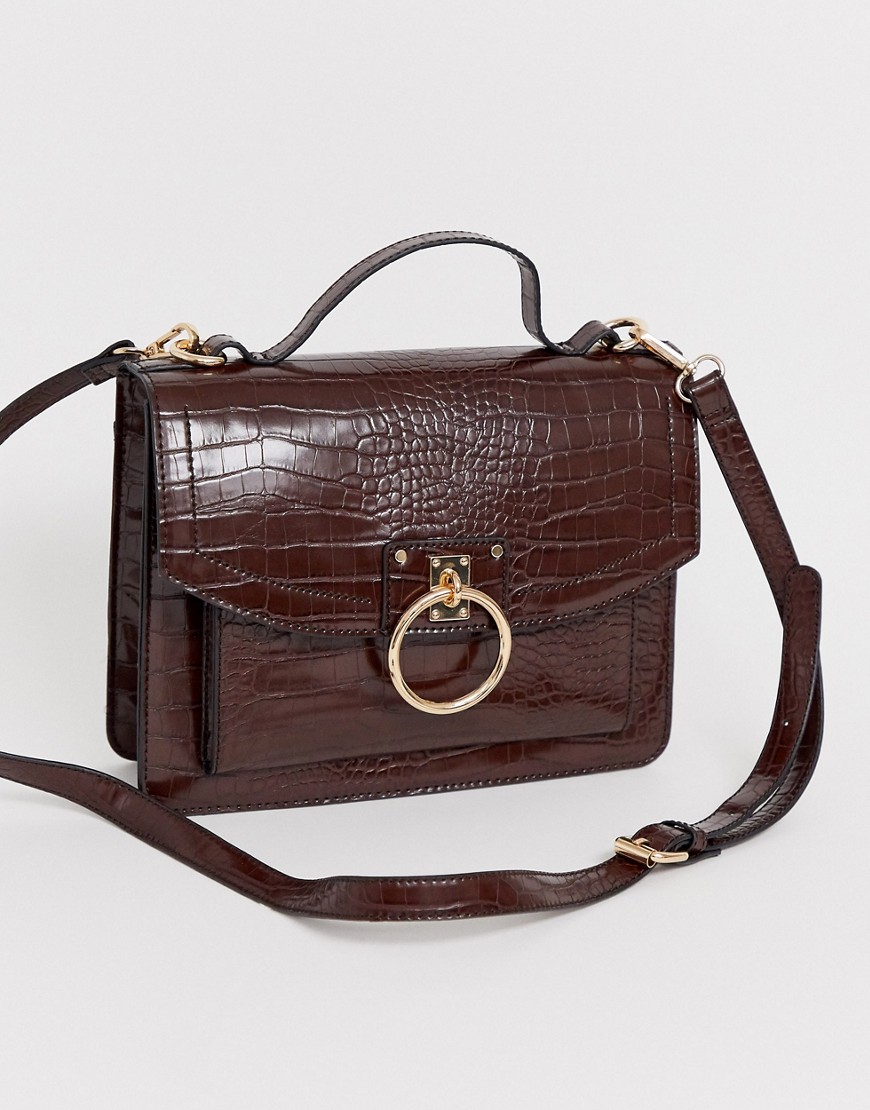 ASOS DESIGN croc satchel with ring detail-Brown