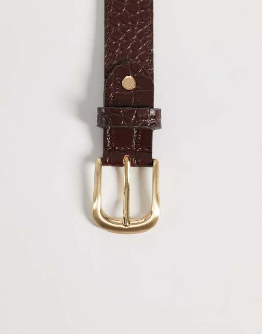 ASOS DESIGN croc texture leather single stud belt with rounded edge gold buckle in brown, 2 of 3