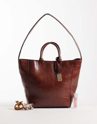 Asos Design Croc Textured Angular Tote In Brown
