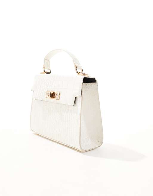 ASOS DESIGN croc top handle crossbody bag with detachable strap in cream, 4 of 4