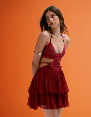 crochet and faux suede bust cut-out mini dress with tiered skirt in deep pink