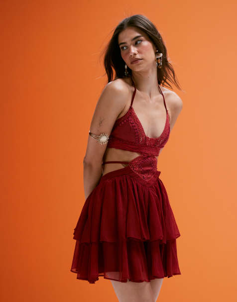 ASOS DESIGN crochet and faux suede bust cut-out mini dress with tiered skirt in deep pink - view 1