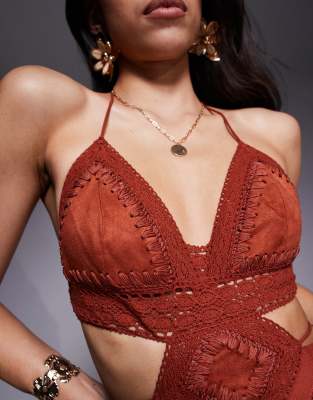Asos Design Crochet And Faux Suede Bust Tiered Maxi Dress With Cut Out In Red