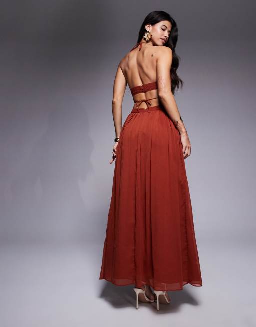 ASOS DESIGN crochet and faux suede bust tiered maxi dress with cut out in rust, 3 of 4