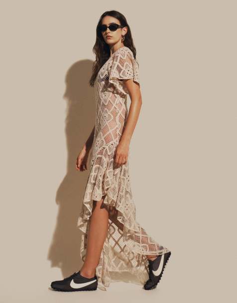 ASOS DESIGN crochet asymmetric midi dress in cream - view 1