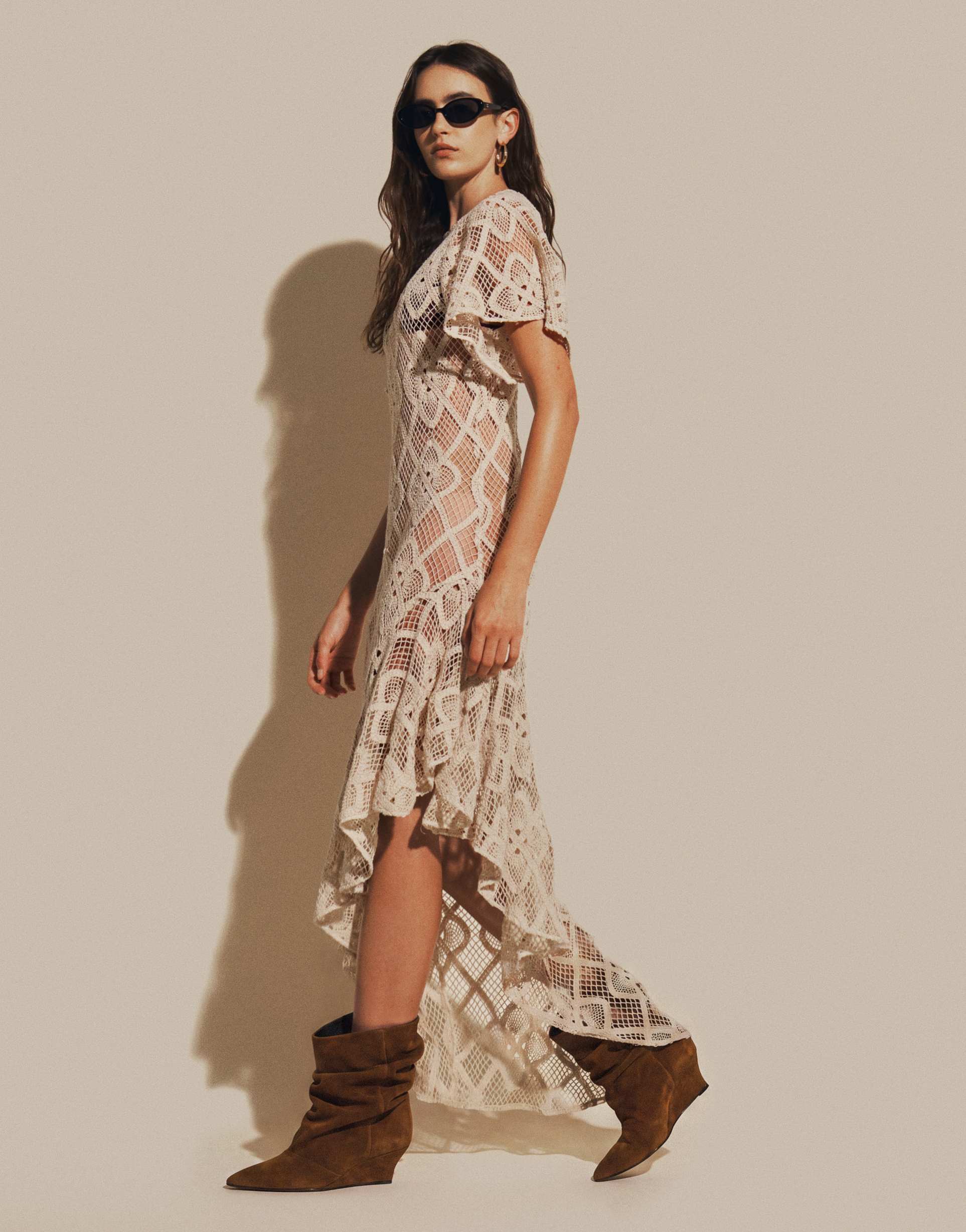asos design crochet asymmetric midi dress in cream
