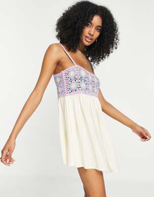 ASOS DESIGN crochet babydoll mini sundress in stone | ASOS