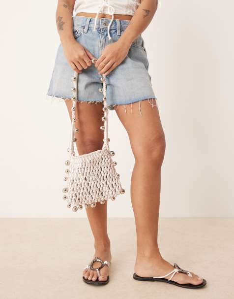ASOS DESIGN crochet bag with beaded strap in ivory - view 1