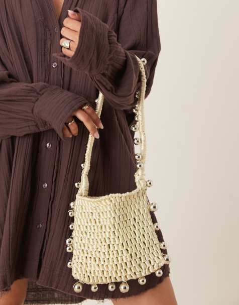ASOS DESIGN crochet bag with beaded strap in sage - view 1