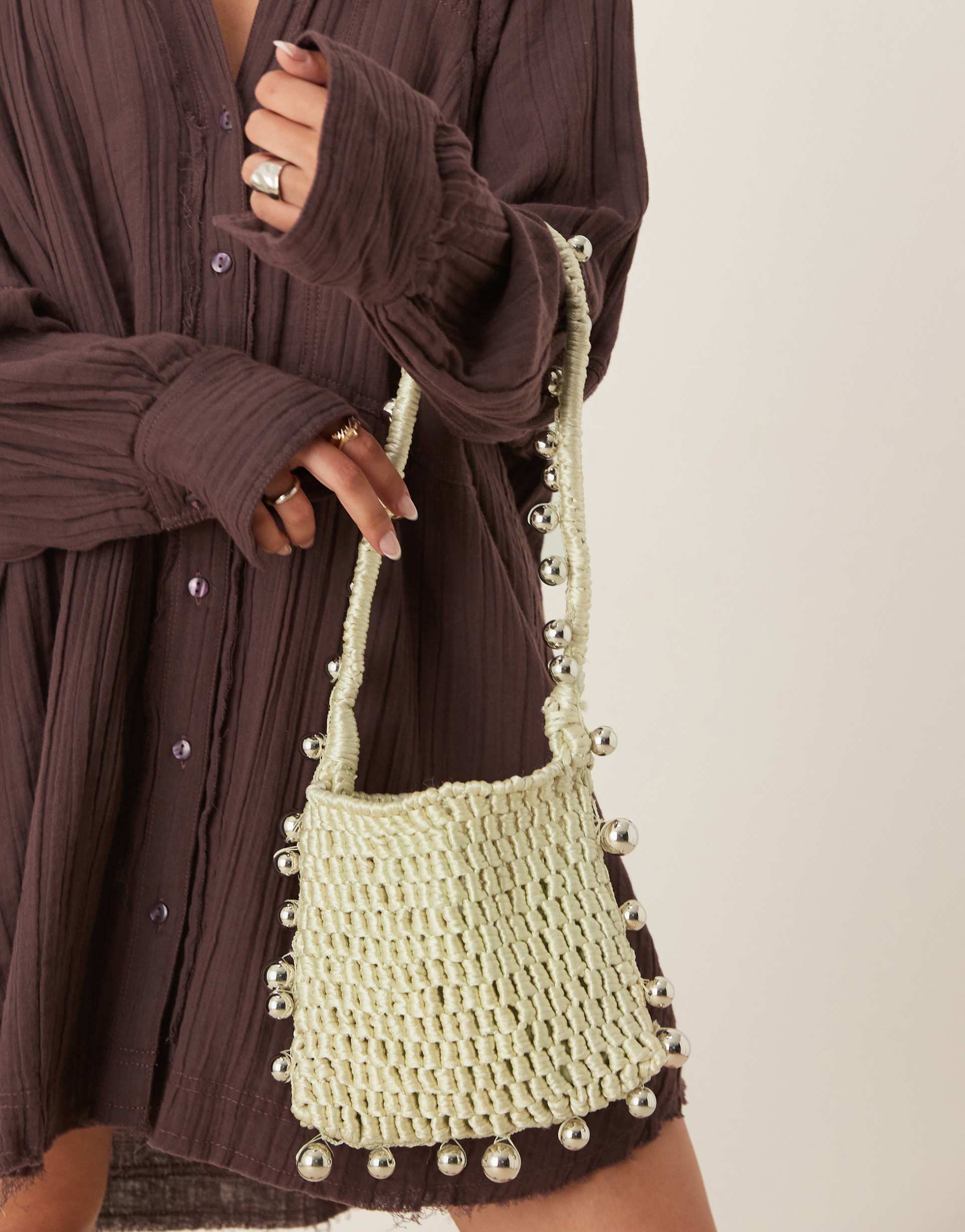asos design crochet bag with beaded strap in sage