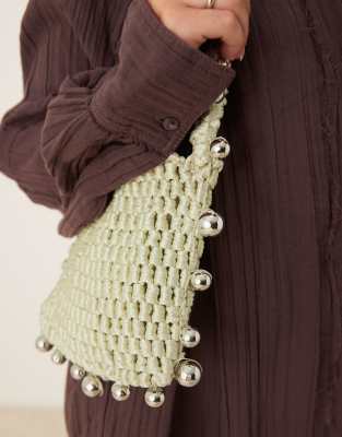 Asos Design Crochet Bag With Beaded Strap In Green