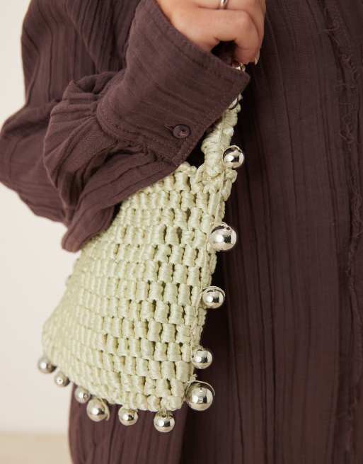 ASOS DESIGN crochet bag with beaded strap in sage