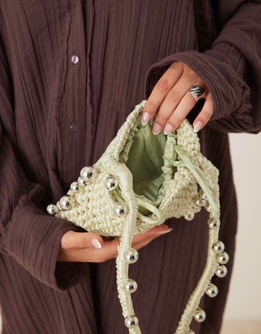 ASOS DESIGN crochet bag with beaded strap in sage