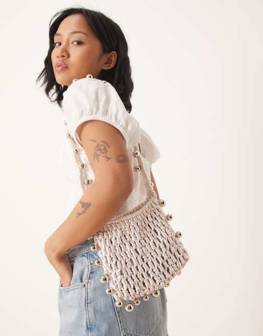 ASOS DESIGN crochet bag with beaded strap in silver