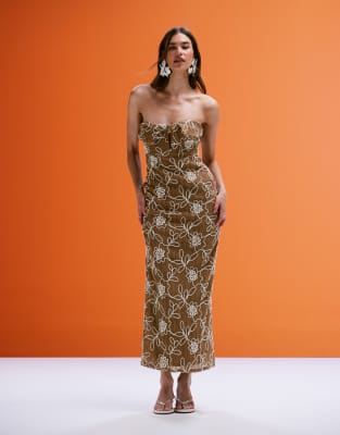 Asos Design Crochet Bandeau Twist Midi Dress With Floral Embroidery