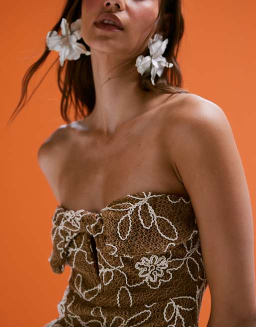 ASOS DESIGN crochet bandeau twist midi dress with floral embroidery in beige