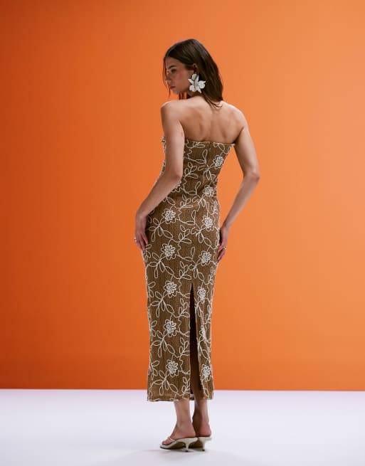 ASOS DESIGN crochet bandeau twist midi dress with floral embroidery in beige