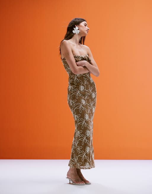 ASOS DESIGN crochet bandeau twist midi dress with floral embroidery in beige