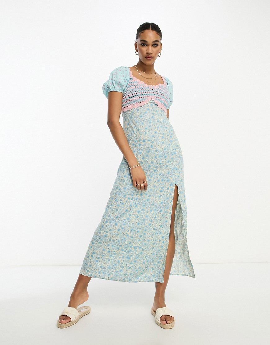 ASOS DESIGN crochet bardot midi dress in ditsy stripe mix print-Multi