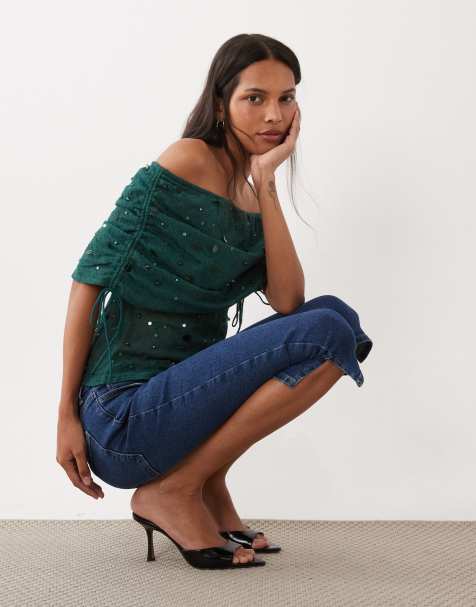 ASOS DESIGN crochet bardot top with embellishment in teal - view 1