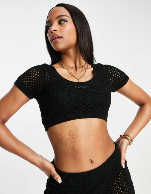 ASOS DESIGN light knit lace up beach crop top in black - part of a set