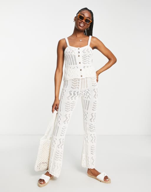 ASOS DESIGN crochet pants and top set with button placket in cream