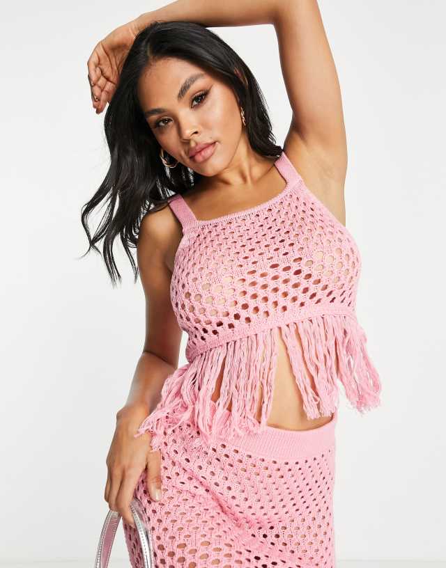 ASOS DESIGN crochet beach top with fringe hem in pink - part of a set