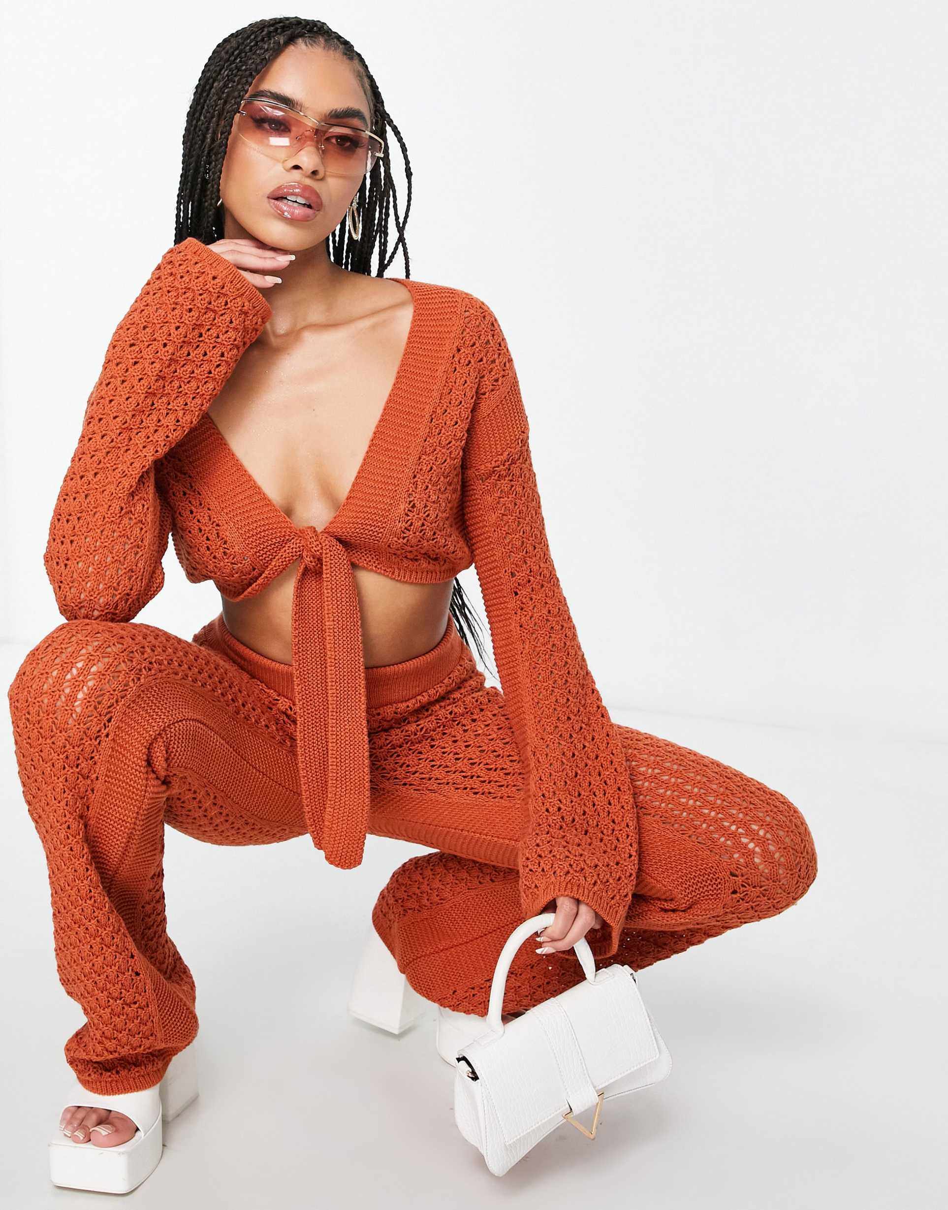 asos design crochet beach top with tie front detail in orange - part of a set