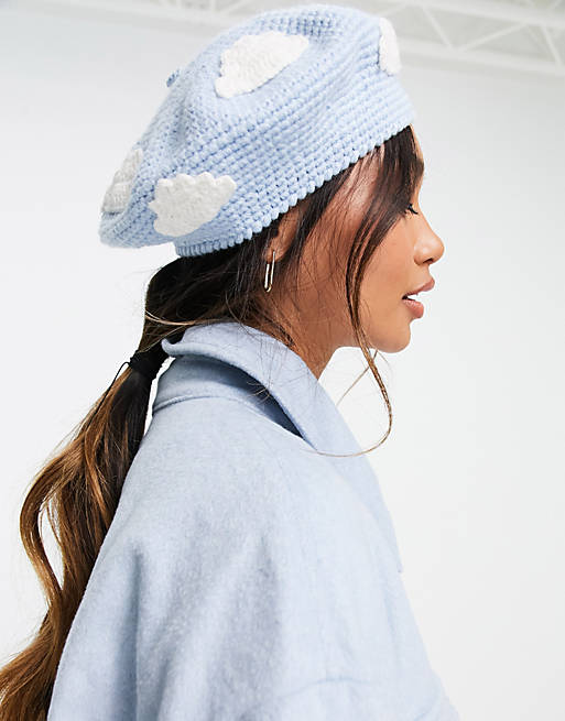 ASOS DESIGN crochet beret with cloud embroidery in blue