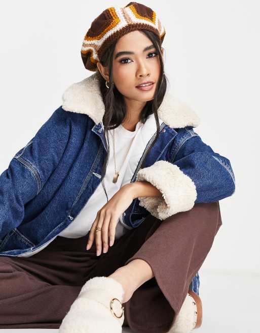 ASOS DESIGN crochet beret with suedette patches in brown