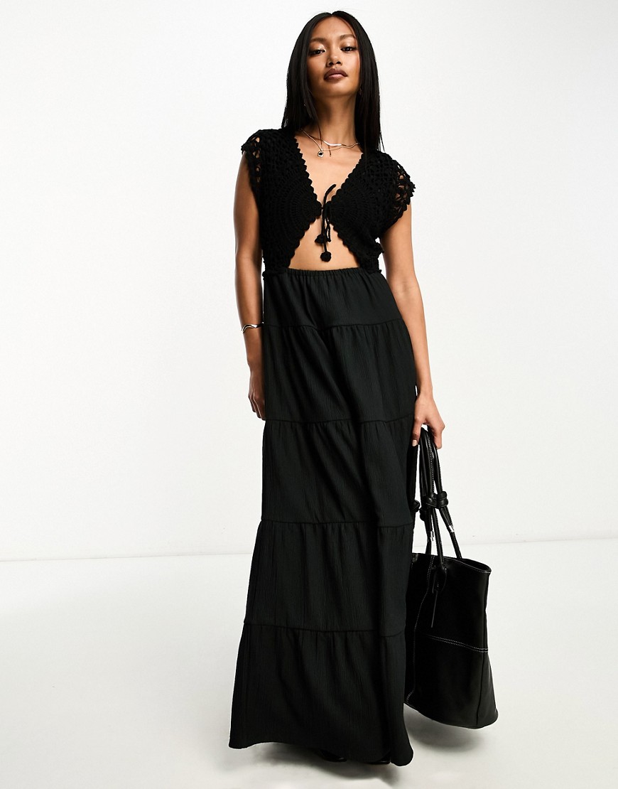 ASOS DESIGN crochet bodice maxi dress with tiered skirt in black