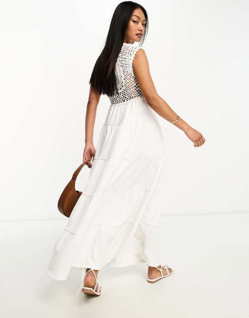 ASOS DESIGN crochet bodice maxi dress with tiered skirt in white, 2 of 4
