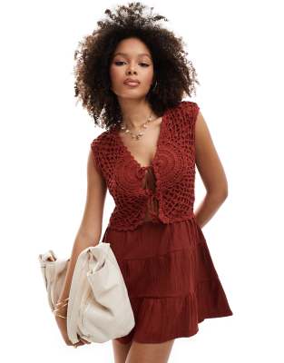 asos design crochet bodice mini dress with tiered skirt in red