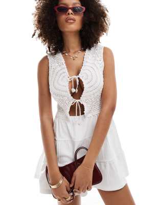 asos design crochet bodice mini dress with tiered skirt in white