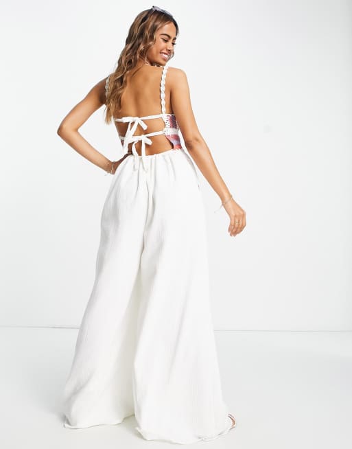 ASOS DESIGN crochet bodice strappy back jumpsuit in crinkle in cream