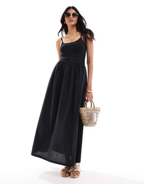 ASOS DESIGN crochet bodice strappy maxi dress with full poplin skirt in black - view 1